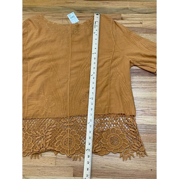 Cato Women's 22/24 Yellow Blouse Top Cotton Tunic Floral Crochet Lace Trim Boho - Picture 9 of 9